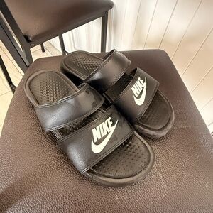 Nike Black Slip-On Double-Strap Slides with White Logo